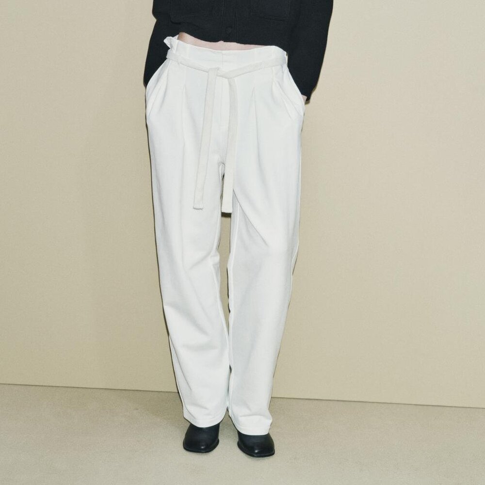 Zara Women's Belted Jogging Pants White 100% Cotton Athleisure Wide Leg Size L